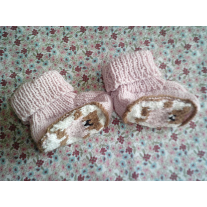 Chaussons bébé tricot fille rose jacquard ourson et jersey en acrylique - Jacquard dessous