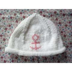 bonnet bébé fille blanc en jersey et ancre brodée rose