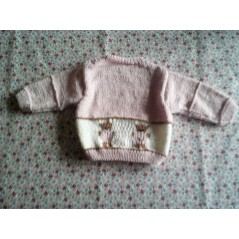 Pull bébé tricot fille rose jacquard ourson et jersey - Dos