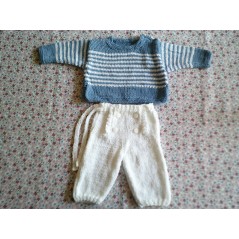 Ensemble petit matelot pantalon à pont et marinière bébé tricot garçon bleu et blanc en jersey et point mousse