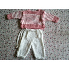 Ensemble petit matelot pantalon à pont et marinière bébé tricot fille rose et blanc en jersey et point mousse