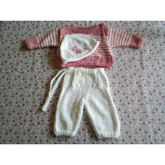 Ensemble petit matelot pantalon à pont, marinière et bonnet bébé tricot fille rose et blanc en jersey et point mousse