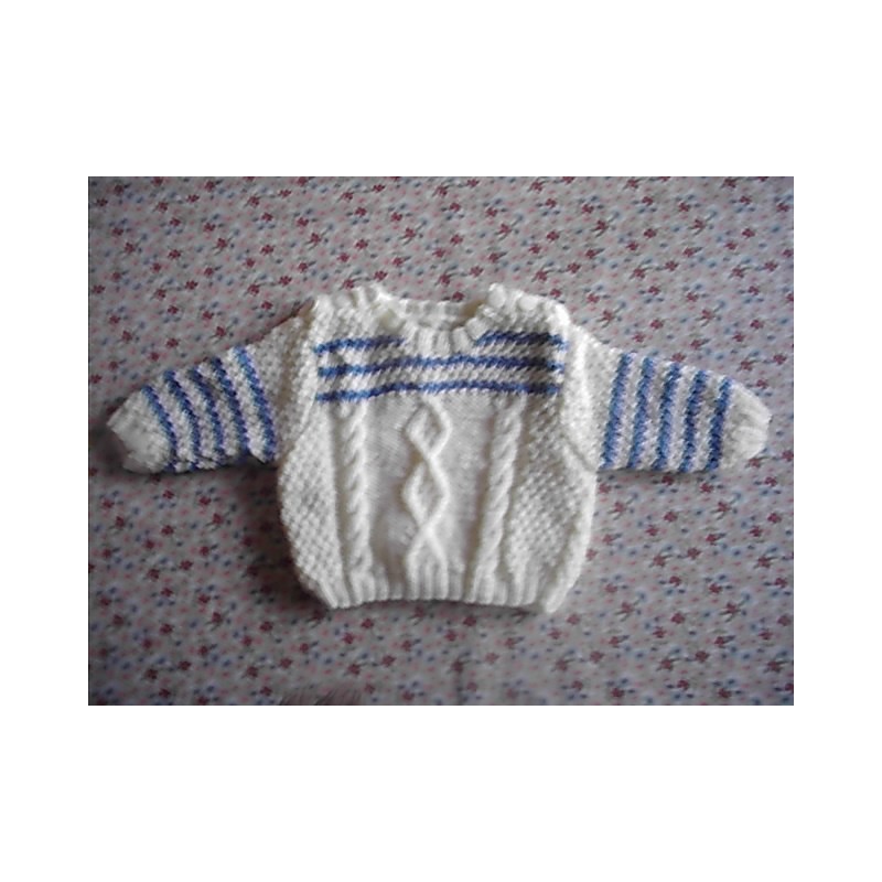 Brassière marinière tricot bébé fille et garçon en acrylique en point irlandais blanche et rayures bleues