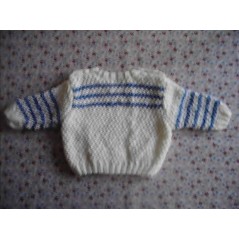 Brassière marinière tricot bébé fille et garçon en acrylique en point irlandais blanche et rayures bleues - Dos