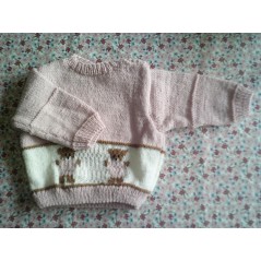 Pull bébé tricot fille rose jacquard ourson et jersey - Gros plan devant