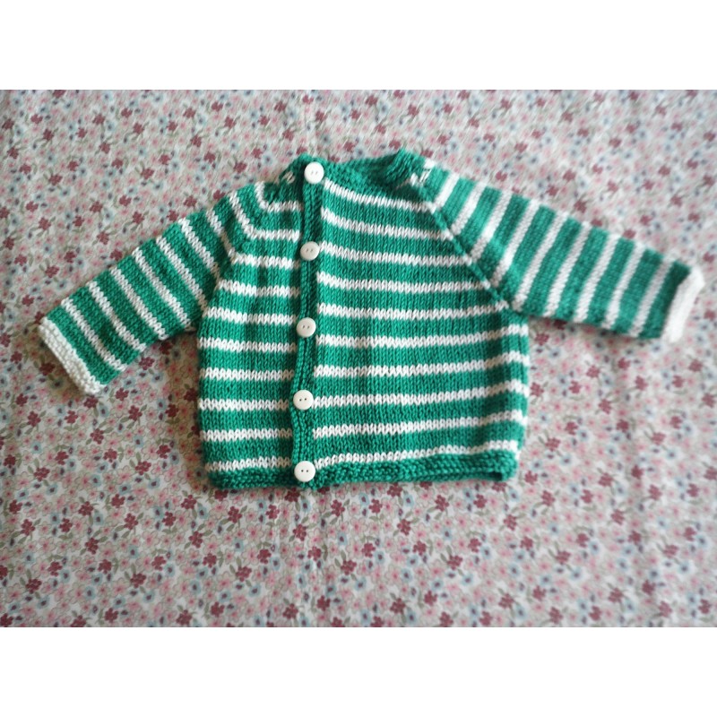 Brassière bébé tricot fille et garçon en jersey rayé vert et blanc - Devant