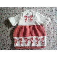 Robe bébé tricot fille jacquard rosette rose et blanche en coton en jersey et côtes - Devant
