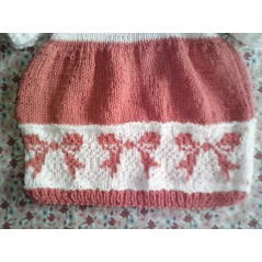 Robe bébé tricot fille jacquard rosette rose et blanche en coton en jersey et côtes - Gros plan jupe
